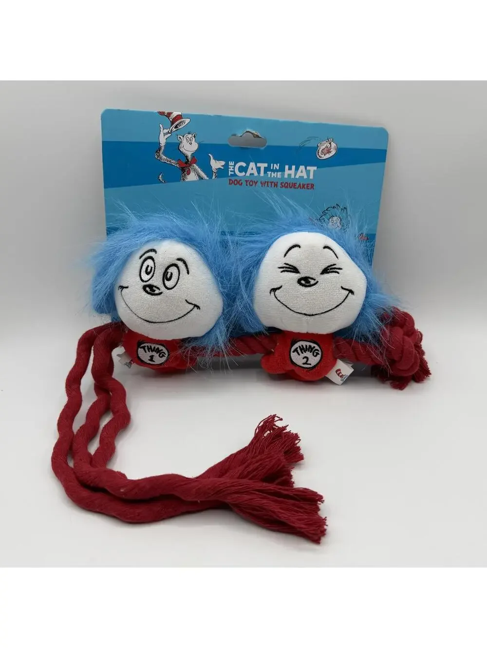 Dr Seuss The Cat in the Hat Thing 1 Thing 2 Plush Dog Toy With Squeaker Rope